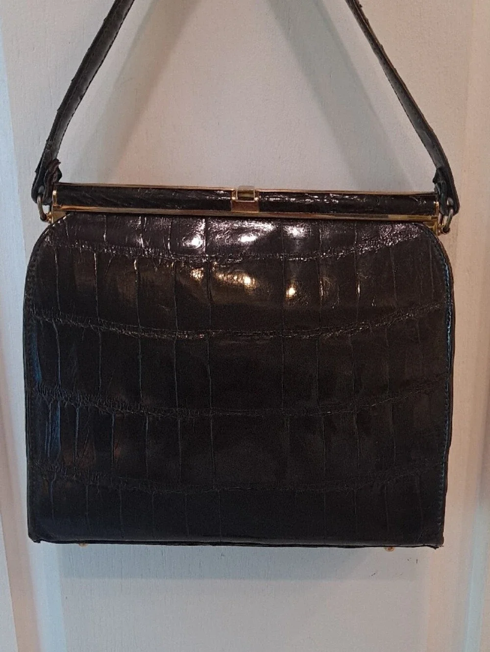 JP Allen Atlanta Vintage 50s Classic Black Genuine Croc Skin Top-Handle Satchel